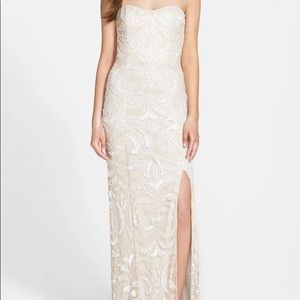 Long Beaded Champagne Strapless Gown